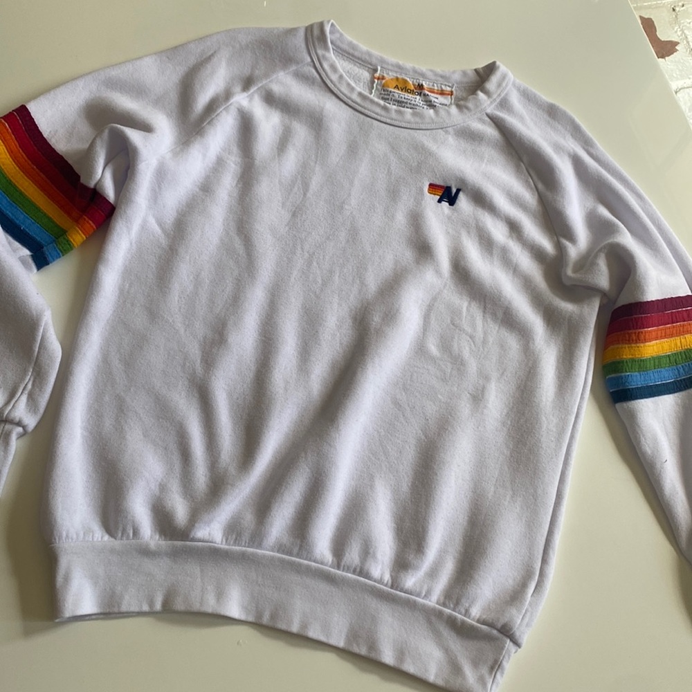 Aviator Nation white long sleeve sweatshirt with 7 multi-colored stripes